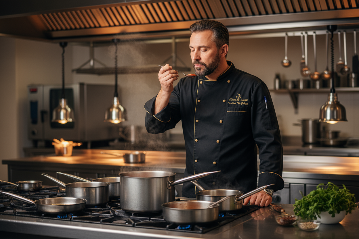 chef in black coat in front of range tasting a food